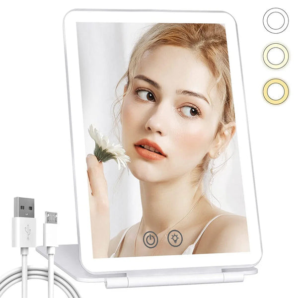 Foldable Makeup Mirror Touch Screen  3 Colors Light Modes